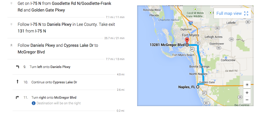 Google Maps directions from Naples to Fort Myers